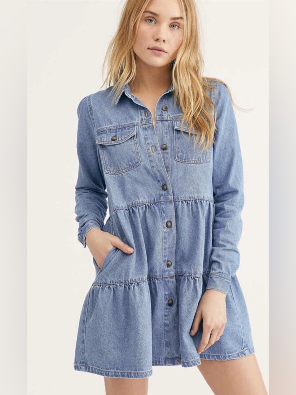 Free People Nicole Blue Denim Button Down Shirt Dress Size Medium Women’s